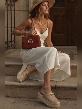 GUCCI Charlotte Matelasse gold GG Marmont logo platform espadrille jute mule